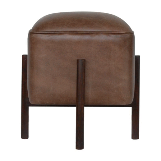 Brown Leather Footstool with Solid Wood Legs for wholesale