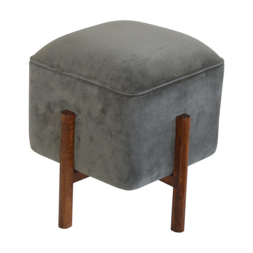 Grey Velvet Footstool with Solid Wood Legs for reselling