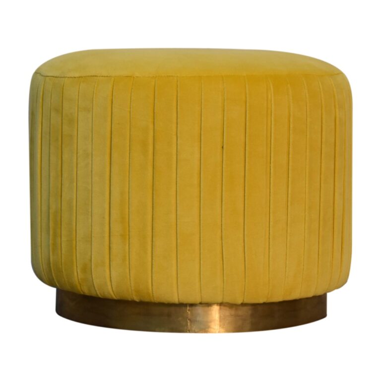 Mustard Cotton Velvet Pleated Footstool with Gold Base for resale