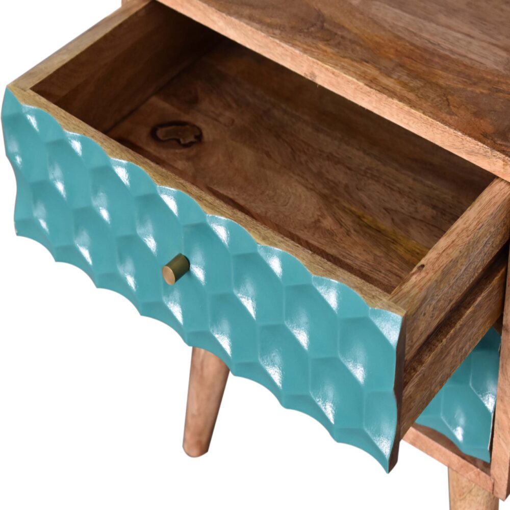 Honeycomb Carved Teal Bedside with Open Slot for resell