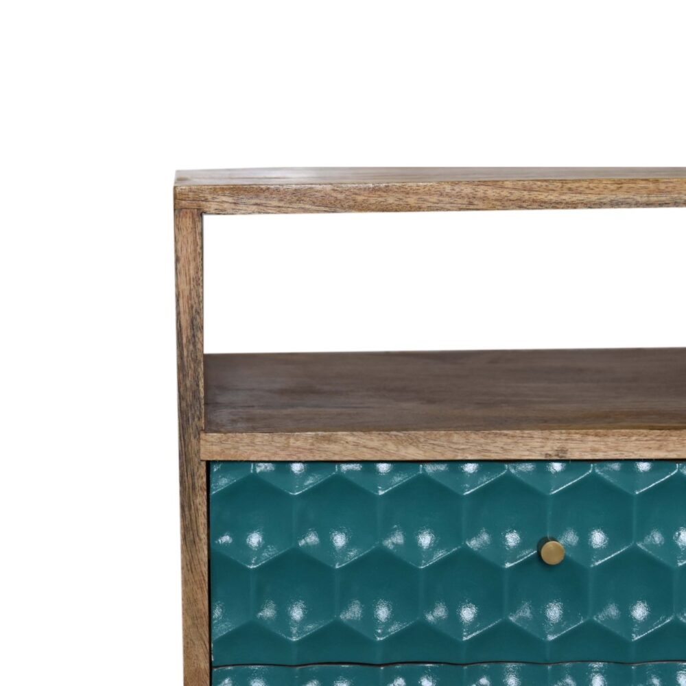 Honeycomb Carved Teal Bedside with Open Slot for reselling