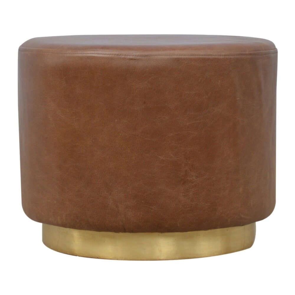 Brown Buffalo Leather Footstool with Gold Base for resale