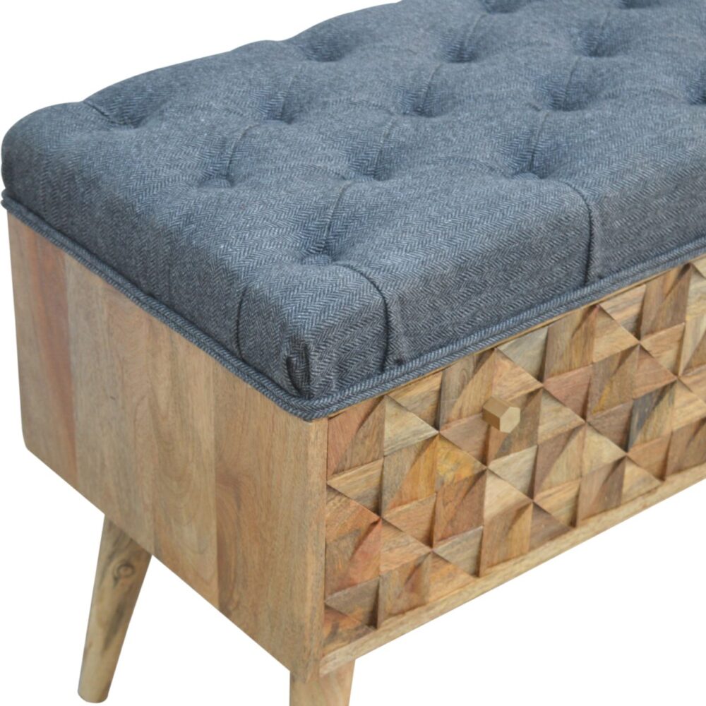 Diamond Carved Grey Tweed Storage Bench dropshipping