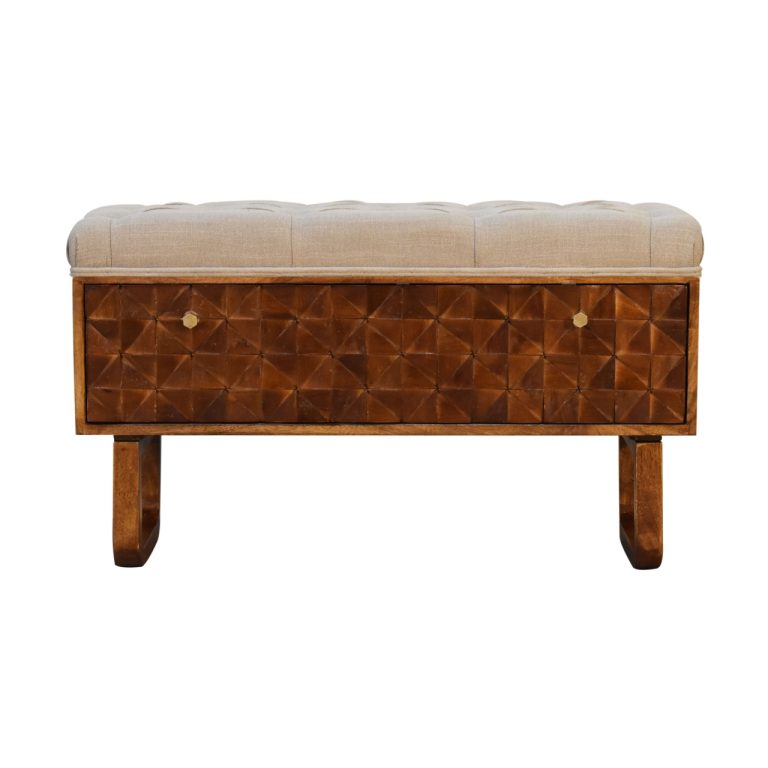 U-Shape Chestnut Diamond Carved Mud Linen Storage Bench for resale