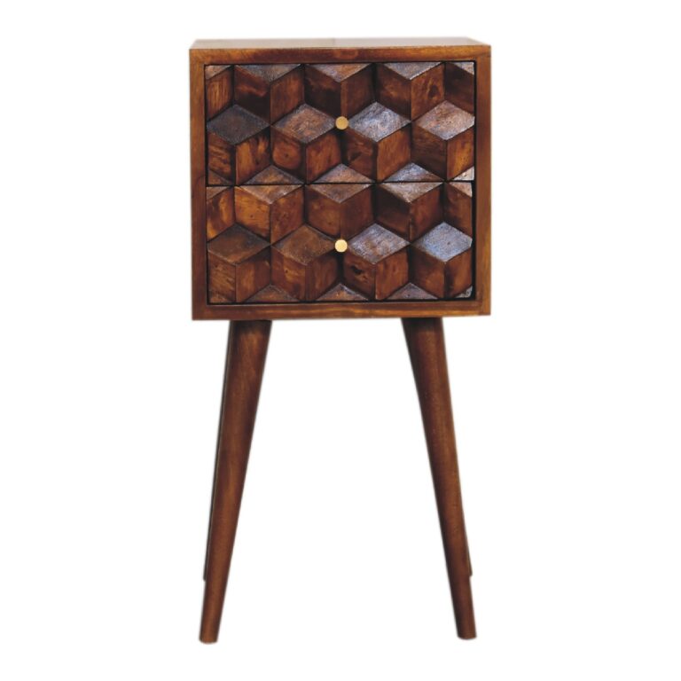 Mini Chestnut Cube Carved 2 Drawer Bedside for resale