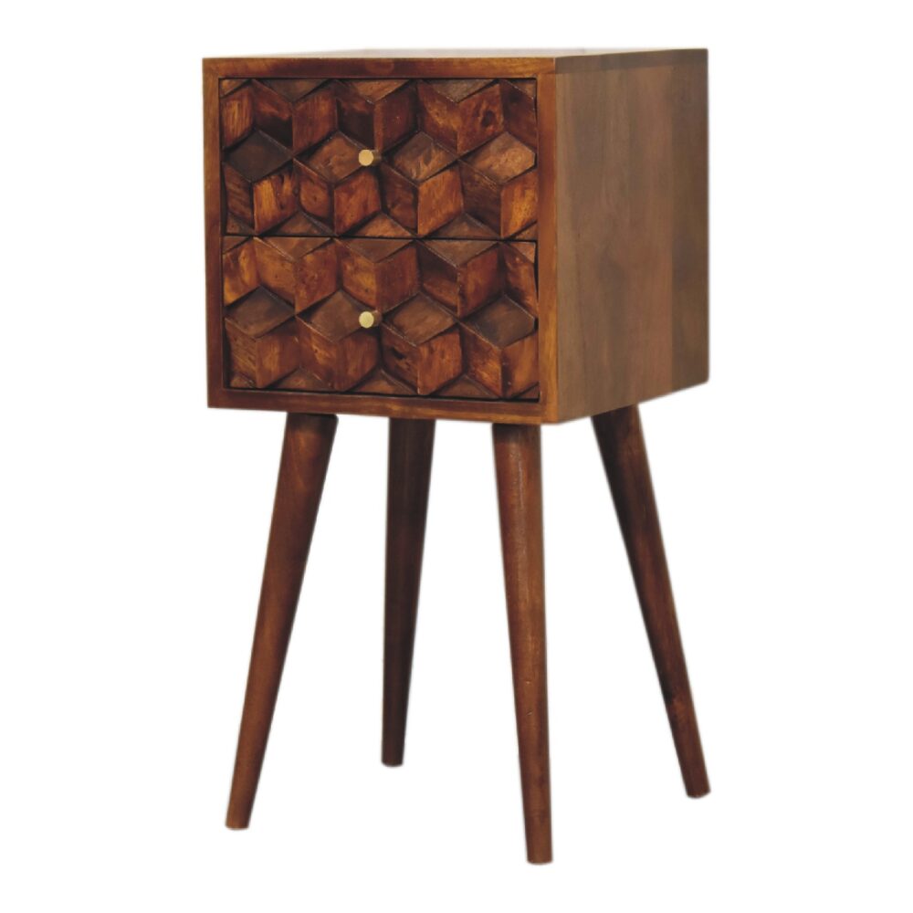 wholesale Mini Chestnut Cube Carved 2 Drawer Bedside for resale