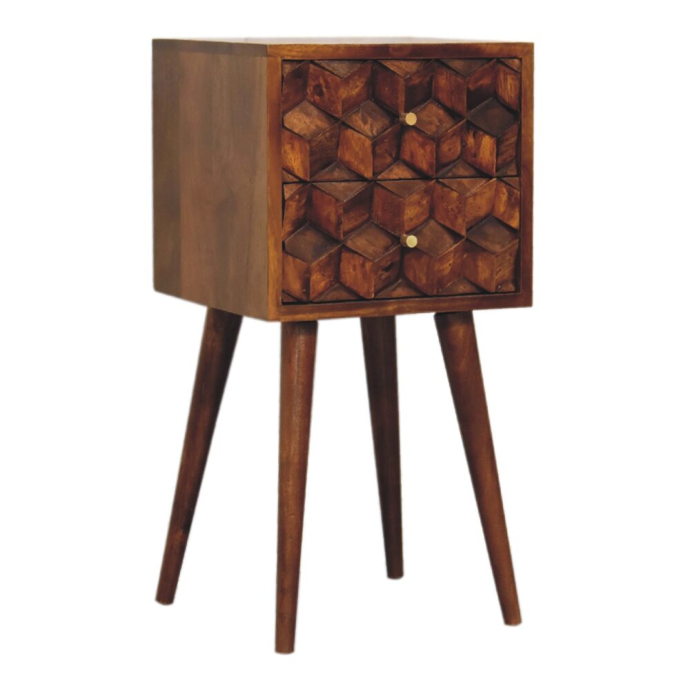 Mini Chestnut Cube Carved 2 Drawer Bedside dropshipping