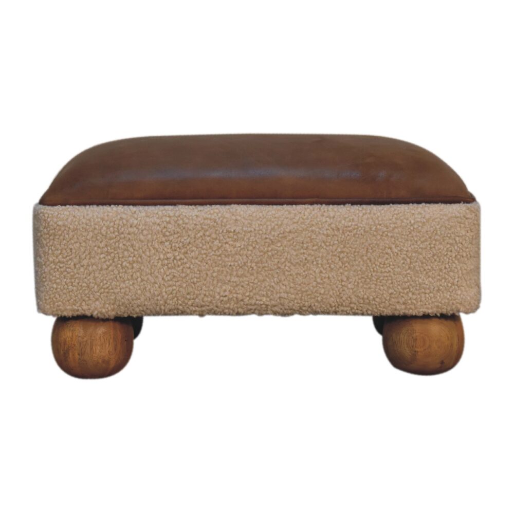Tan Buffalo Leather Boucle Footstool with Ball Feet for resale