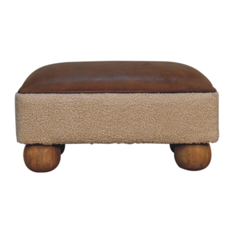 Tan Buffalo Leather Boucle Footstool with Ball Feet for resale