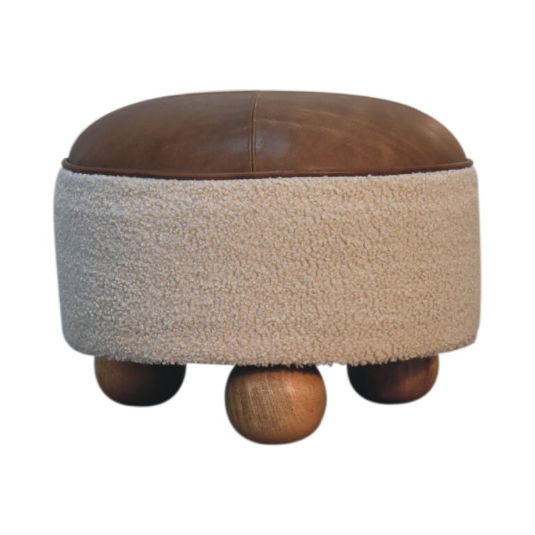 Cream Boucle Buffalo Hide Round Footstool with Ball Feet for resale