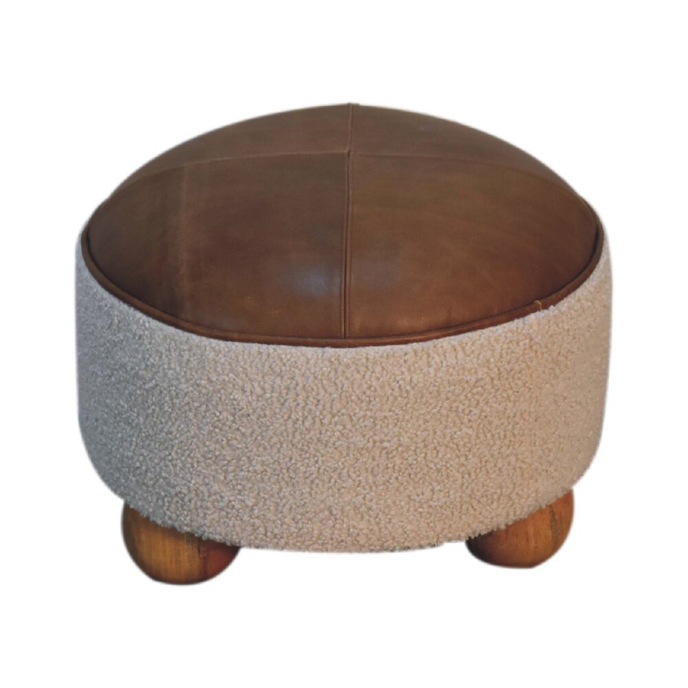 Cream Boucle Buffalo Hide Round Footstool with Ball Feet wholesalers