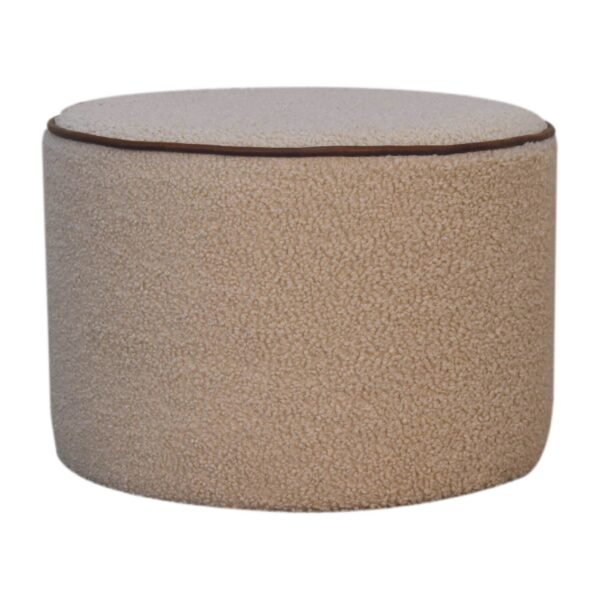Boucle Round Footstool with Bufallo Leather Piping for resale
