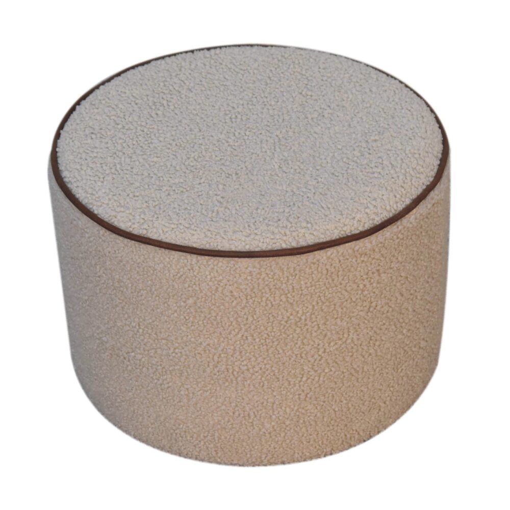 Boucle Round Footstool with Bufallo Leather Piping dropshipping