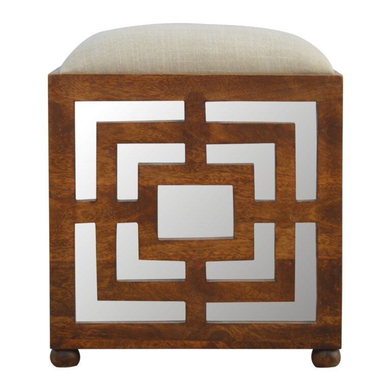 Hand Carved Square Footstool with Linen Seat Pad for resale